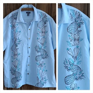 Van Heusen Air Tropical Hawaiian Blue Bowling Shirt Mens XL Pineapples Flowers - Picture 1 of 7
