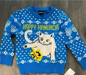 MAD ENGINE HAPPY HANUKCAT Unisex Sweater Holiday Knit blue/white Size L~ - Picture 1 of 2