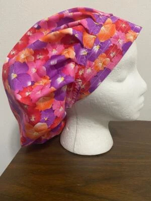 PANSIES  ON  BOUFFANT SURGICAL NURSES SCRUB HAT BOUFFANT,CHEMO, TECH - Image 1 of 2