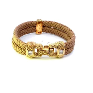 Vtg Signed Judith Ripka Braid Brown Leather and Vermeil CZ Accent Bracelet sz 7 - Picture 1 of 9
