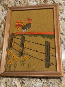 Vintage MCM Rooster On Barb wire Fence Needle Point Stitched  - Picture 1 of 8