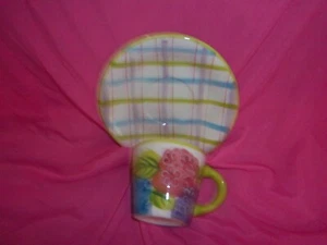 @BETALLIC L.L.C. FLOWERED CUP & PLAID SAUCER SET, Collectible. - Picture 1 of 2