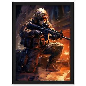 Army Warfare Desert Sniper Explosion Flames Painting Framed Wall Art Print A3