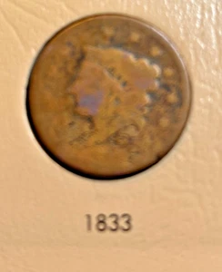 1833 Coronet Head Large Cent, Normal Letters, Neat Toning, Well Used, Rim Damage - Picture 1 of 5