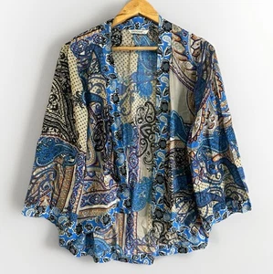 Orientique - Women's Size 12 - Blue Boho Pattern 3/4 Bell Sleeve Kimono Jacket. - Picture 1 of 10