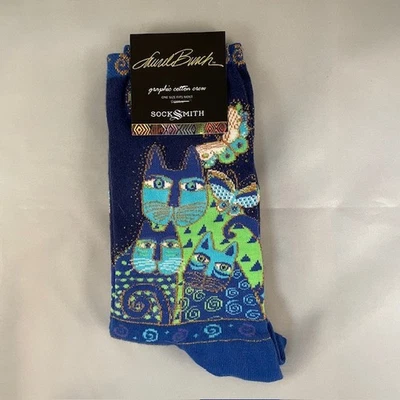 Meias femininas Socksmith Laurel Burch gatos índigo gráfico algodão tripulação - Imagem 1 de 4