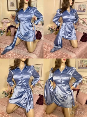Sexy Vestido Manga Globo Envoltura Imitación Amante SATÉN LÍQUIDO ALTO BRILLO L Foto 1 de 4
