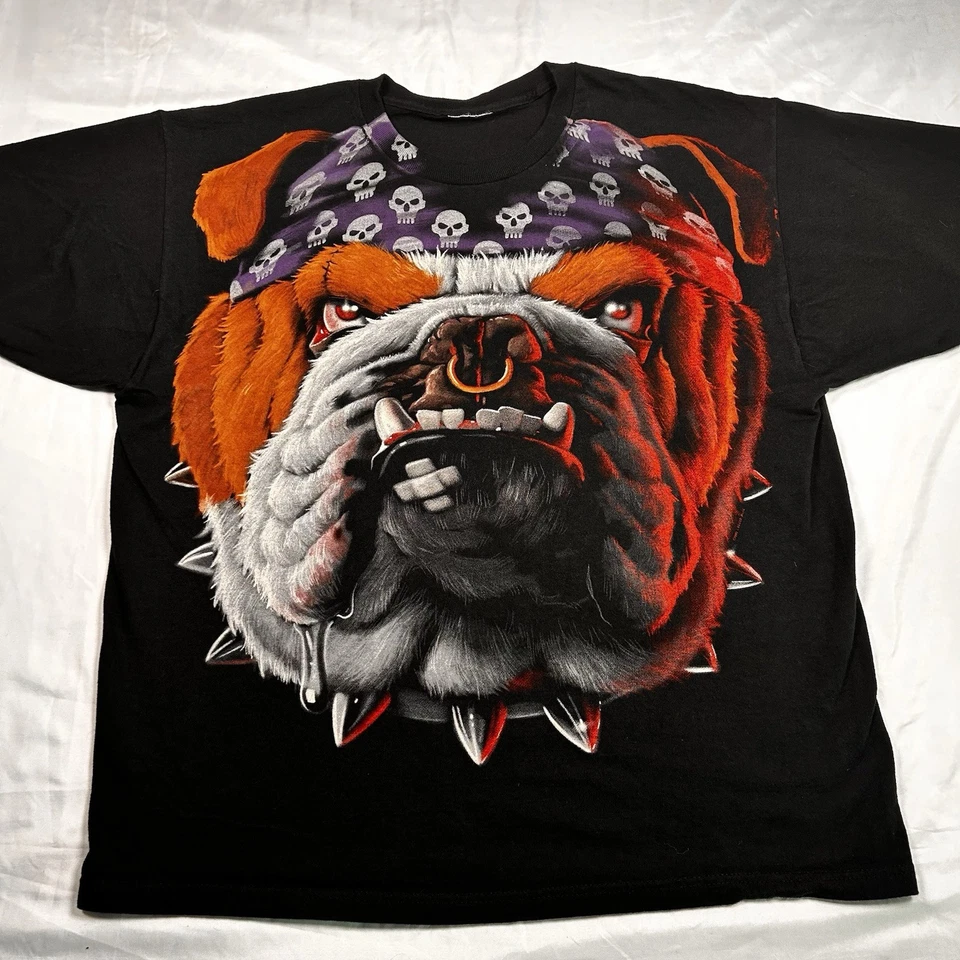 Vtg 1999 Liquid Blue Black T-Shirt Biker Bulldog Tattoo Size XL(?) - READ - Image 1 of 4