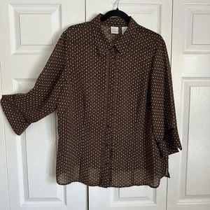 Emma James Blouse Womens 16W Brown Geometric Dot Sheer Button Up 3/4 Sleeve Top - Picture 1 of 13