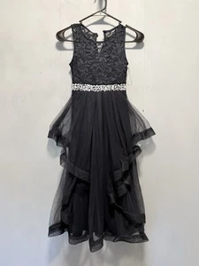 Girl’s Speechless Navy Blue Dress Sz 7 Long Beaded Detail Shimmery Sheer Elegant - Picture 1 of 9