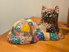 VINTAGE  QUILTED CAT MADE FROM PLASTER OF PARIS WITH GLASS EYES 