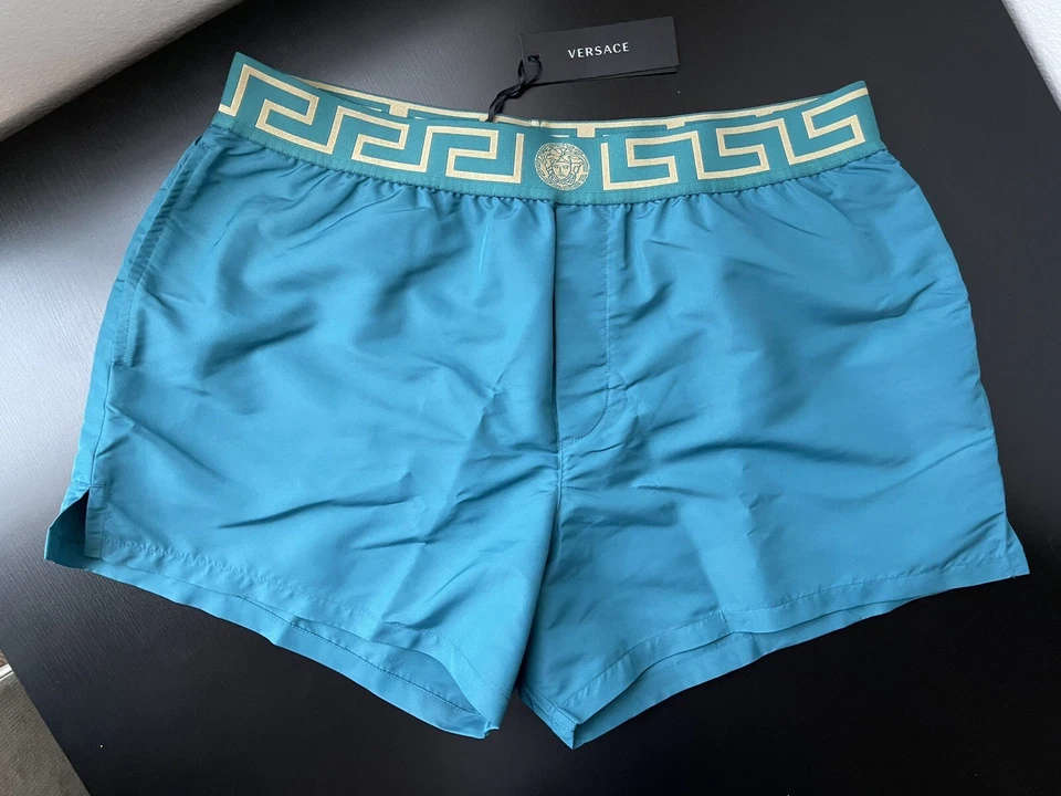 NWT Versace Mens Greca Border Swim Trunks Shorts Teal Blue Green Size 6 Large - Image 1 of 4