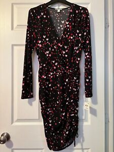 Mother’s Day New Bar III Surplice Ruched Jersey Dress Red Pink Peach Hearts Sz L
