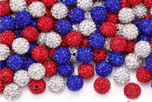 Red/White/Blue Mix 20pcs 10mm Rhinestone Polymer Clay, Shambala, Pave Beads - Picture 1 of 4