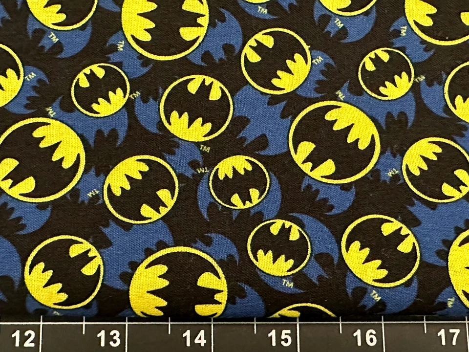 Tina Scrap 7"x21" BATMAN LOGO Circle Blue Black Yellow DC COMICS Fabric Cotton - Image 1 of 1