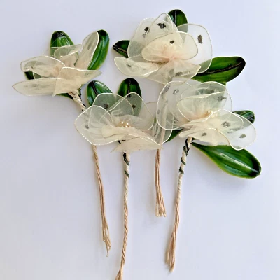 4 Antique / Vintage 1940's Chiffon Flowers Lace Fabric Dress Rose Flower Wedding - Image 1 of 4