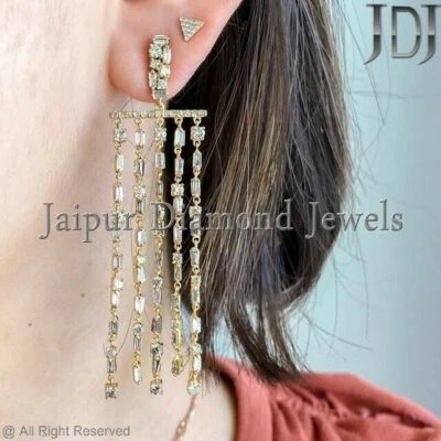 3.62Ct Diamond Chandelier Earrings Natural Baguette 14k Yellow Gold Fine Jewelry - Image 1 of 4