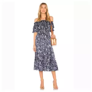 MISA Los Angeles Women's Farah Midi Off Shoulder Ruffle Dress Blue White Size XS - Picture 1 of 8