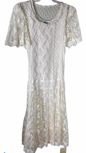 Vintage 80s Dress 2 Piece Lace Ivory Lined Full Slip Med - Picture 1 of 8