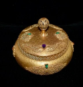 GORGEOUS Antique Brass*JEWELED*Ormolu *CASKET* Trinket *JEWELRY* Vanity Box JAR - Picture 1 of 7