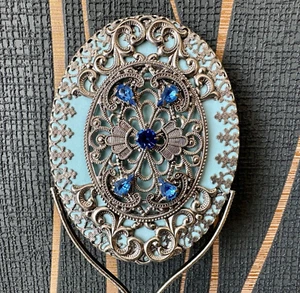 Specchio vintage glamour fatto a mano intarsiato con pietre blu - Foto 1 di 10