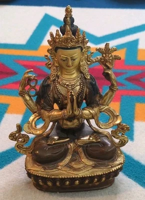 Estátua de bronze folheada a ouro 3,5# Buda Avalokiteshvara Buda 4 braços Chenrezig Buda Avalokiteshvara - Imagem 1 de 4
