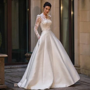 Luxus Prinzessin Brautkleider hochgeschlossen Langarm Spitze Applikation Brautkleid - Bild 1 von 7