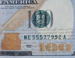 US $100 Dollar Bill 2013 Fancy Serial # 555 77 99 2. Coolness Index - 97.4% - Picture 1 of 6