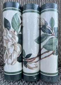 3 Vintage Wallpaper Borders White Magnolias Green Trim 6 7/8” H x 5 Yards Each - Picture 1 of 6