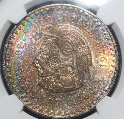 1948 Mo MEXICO SILVER 5 PESO MONSTER RAINBOW TONED - Image 1 of 4