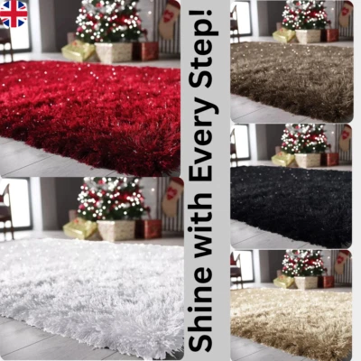Large Shaggy Rug Fluffy Shimmer Sparkle Carpet Living Room Bedroom  Floor Mat - Image 1 of 4