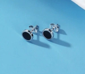 935 Argentium Silver With Black Enamel Round Shape Classic Men's Stud Earrings - Picture 1 of 6