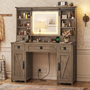 Vanity Desk with Sliding Mirror and Light, Farmhouse Large Vanity Dressing Table - Picture 1 of 9