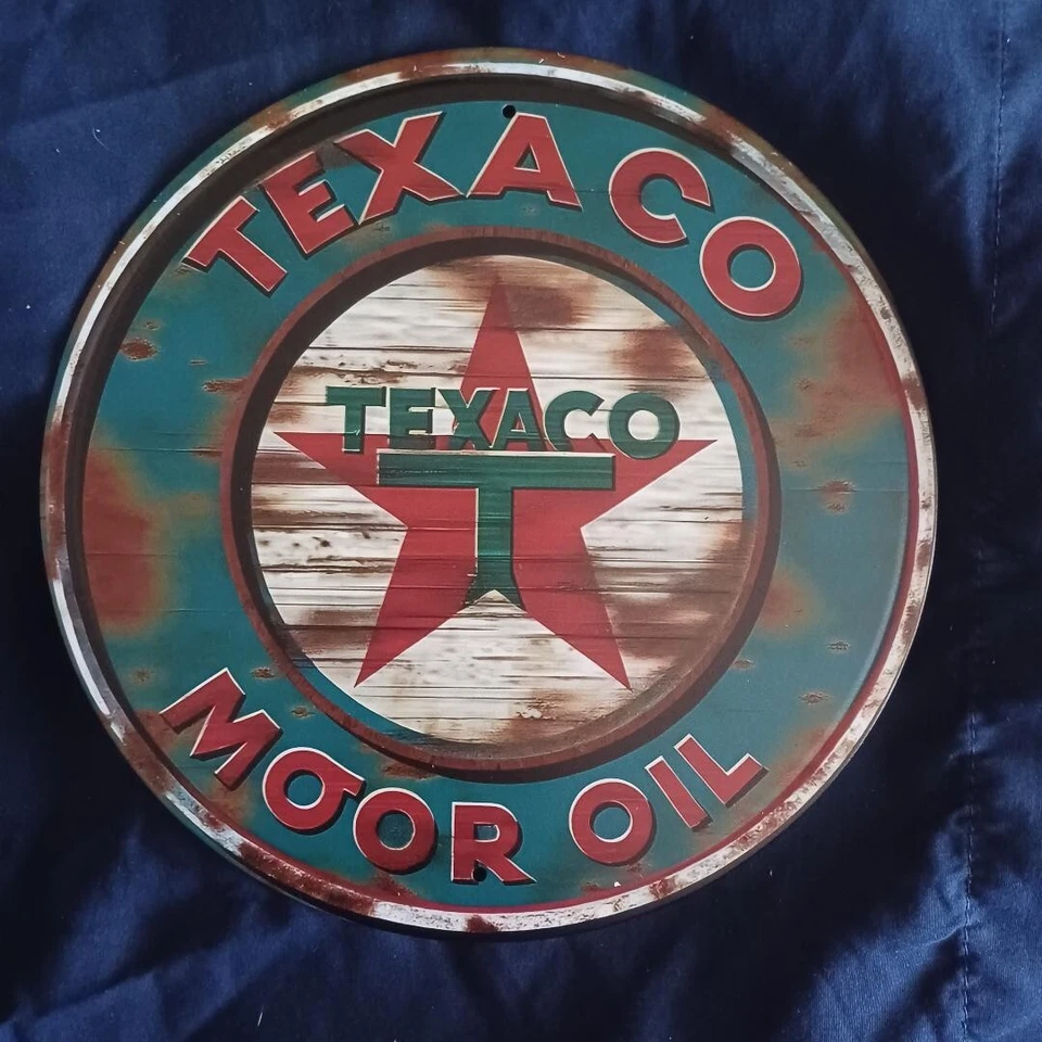Металлическая табличка 8 дюймов круглый настенный рисунок мужская пещера гараж бар заправочная станция зеленый Texaco звезда T - Изображение 1 из 1