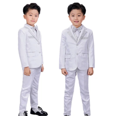 Set abbigliamento formale 4 pezzi vestito smoking ragazzo bianco argento festa compleanno bambini - Immagine 1 di 4