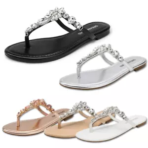Women Flip Flops Dress Rhinestone T-Strap Thong Sandals for Summers Dress Beach - Picture 1 of 45