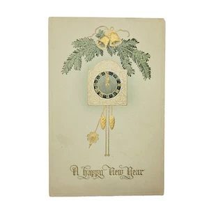 Happy New Year Clock Midnight Evergreen Bells Gilded 1910s Postcard Cancel Stamp - Picture 1 of 4