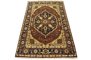 Heriz Serapi Rug 4'1'' x 6'3'' Red Wool Traditional Hand-Knotted Oriental Carpet - Picture 1 of 13