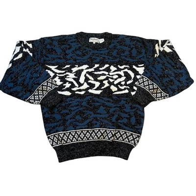 Suéter masculino vintage anos 90 Santana padrão abstrato malha médio aconchegante gola redonda cinza - Imagem 1 de 4