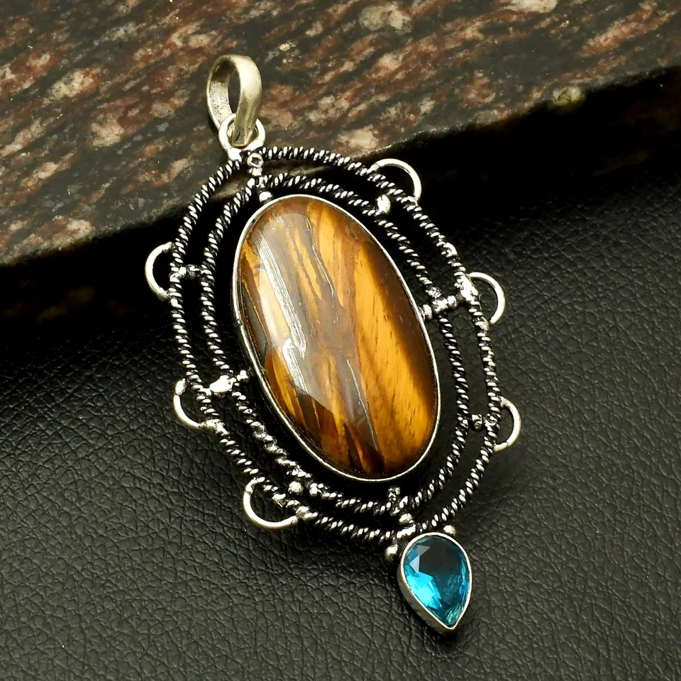 Tiger Eye Blue Topaz Gemstone Ethnic Handmade Pendant Jewelry Gift 2.8" AP-15716 - Image 1 of 1