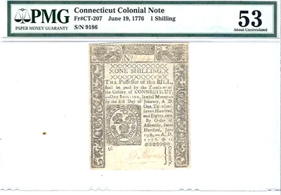 Connecticut colonial note  June 19, 1776 1 Shilling CT 207 PMG 53 - Image 1 of 2