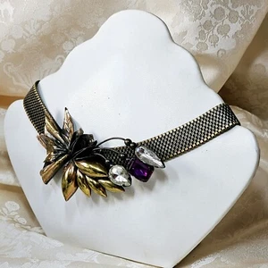 Designer Halskette Vintage 80er Messing gealtert Strass Xxl Verschluss Blumenschmuck - Bild 1 von 21