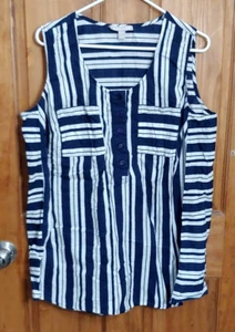 Woman Within Womens Top Large 18 20 Sleeveless Blue White Striped Cotton - Picture 1 of 4