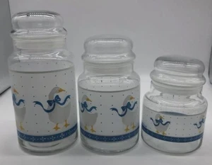 Vintage Libbey Glass Goose Geese Blue Ribbon Storage Jar Canister Set Of 3 - Bild 1 von 8