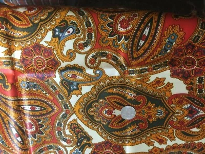 Vintage Sewing Fabric 1960s 1970s Paisley Orange Green Satin Heavy Shiny MCM - Image 1 of 4