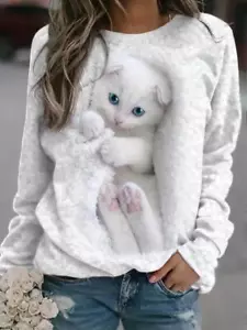 Women White Cute Cat Graphic Print Casual Long Sleeve Crew Neck Sweatshirt Tee - Picture 1 of 5