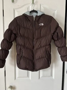 The North Face Girls Hooded Puffer Jacket Coat L Plaid Brown Blue Reversible - Picture 1 of 8