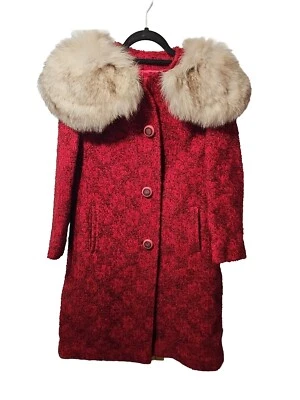 50's Vintage Wool Coat With Fox Fur Collar Union Made Deep Red Womens Sz L *Read - Image 1 of 4