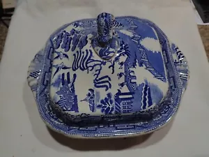 Antique Victorian Blue Willow Covered Vegetable Bowl 1800’s Staffordshire - Picture 1 of 14