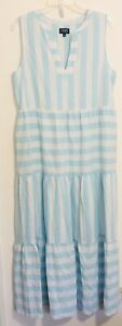 Chaps Turquoise White Sz M Womens Maxi Dress Linen Sleeveless Tiered Casual New